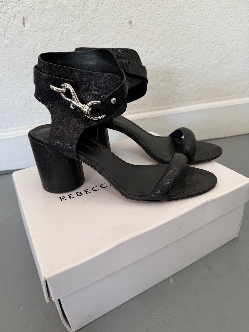 Rebecca Minkoff Black Leather Block Heel Sandals with Silver Accent